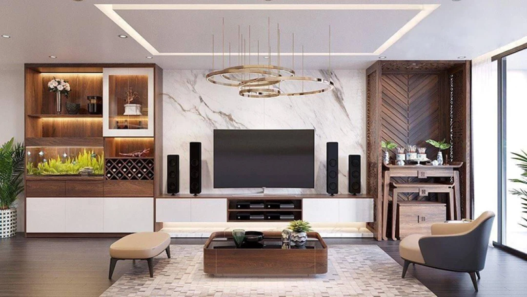 Nội thất phòng khách có bàn thờ