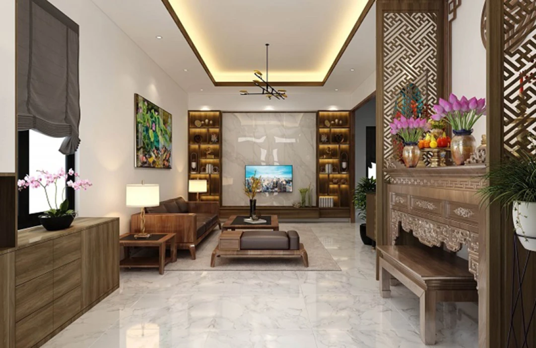 nội thất phòng khách có bàn thờ
